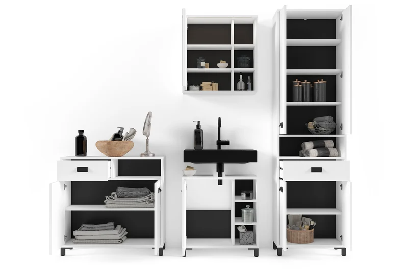 Badezimmer-Hochschrank WELLNESS in Artisan Eiche, Griffe aus Metall in schwarz / Badezimmerschrank 4 Türen mit offenen Elementen & viel Stauraum / B 54, H 193, T 31 cm
