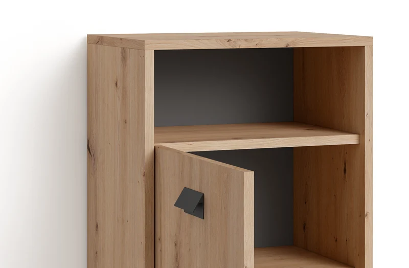 Badezimmer Seitenschrank WELLNESS in Artisan Eiche, Griff aus Metall in schwarz / Badschrank mit einem offenen Fach und einer Tür / B 42, H 77,5, T 31 cm