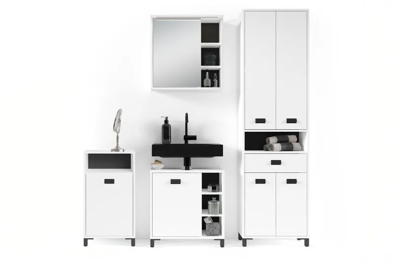 Badezimmer Seitenschrank WELLNESS in Artisan Eiche, Griff aus Metall in schwarz / Badschrank mit einem offenen Fach und einer Tür / B 42, H 77,5, T 31 cm