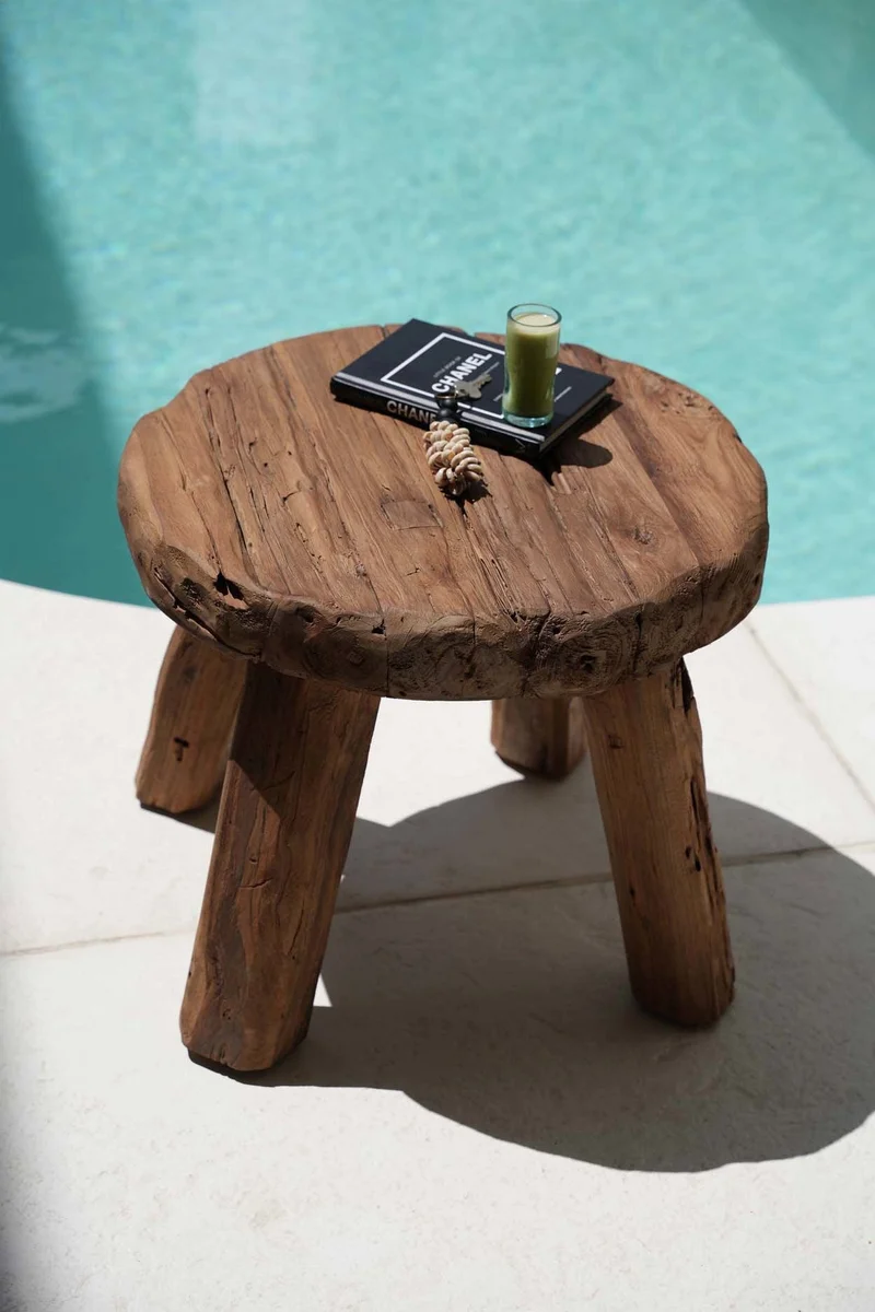 Table d'appoint ronde de jardin en bois de teck massif marron 50x50x40cm Marabunta Rustic - Bazar Bizar
