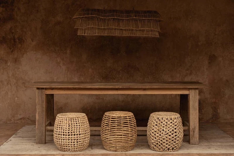 Tabouret rond en feuille de bananier et métal naturelle 48x48x45cm Gustih - Bazar Bizar