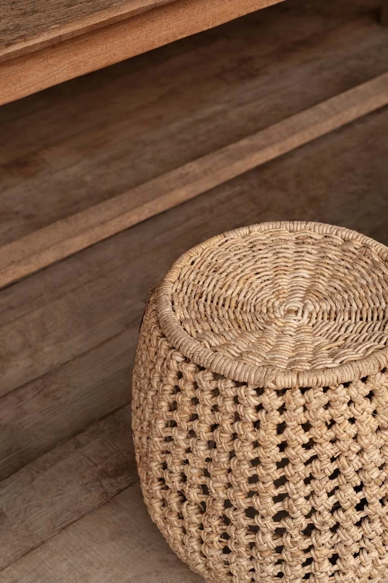 Tabouret rond en feuille de bananier et fer beige 49x49x45cm Dannih - Bazar Bizar