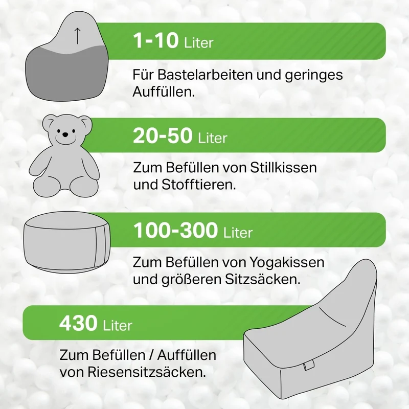 EPS Perlen ab 1 Liter bis 430 Liter: Füllung für Sitzsäcke, Stillkissen, DIY-Projekte & mehr
