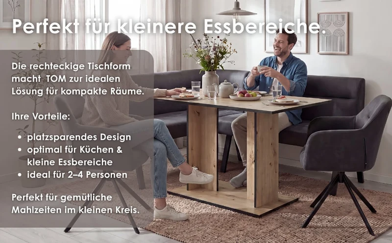 byLIVING Esstisch TOM, Säulentisch 110 x 70, H 75 cm, Küchentisch für 4 Personen, Eiche-Optik oder Weiß, schwarze Kanten, rechteckiger Esszimmertisch platzsparend für Essecken, Beinfreiheit