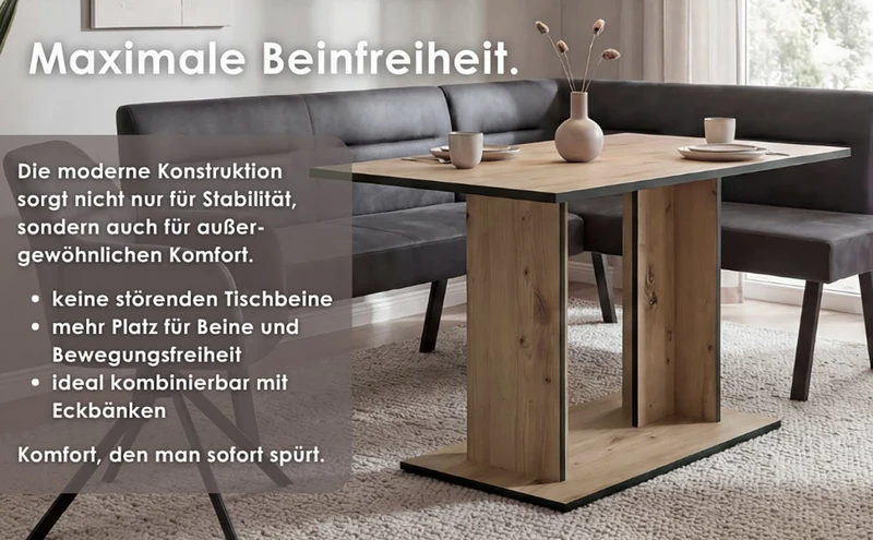 byLIVING Esstisch TOM, Säulentisch 110 x 70, H 75 cm, Küchentisch für 4 Personen, Eiche-Optik oder Weiß, schwarze Kanten, rechteckiger Esszimmertisch platzsparend für Essecken, Beinfreiheit