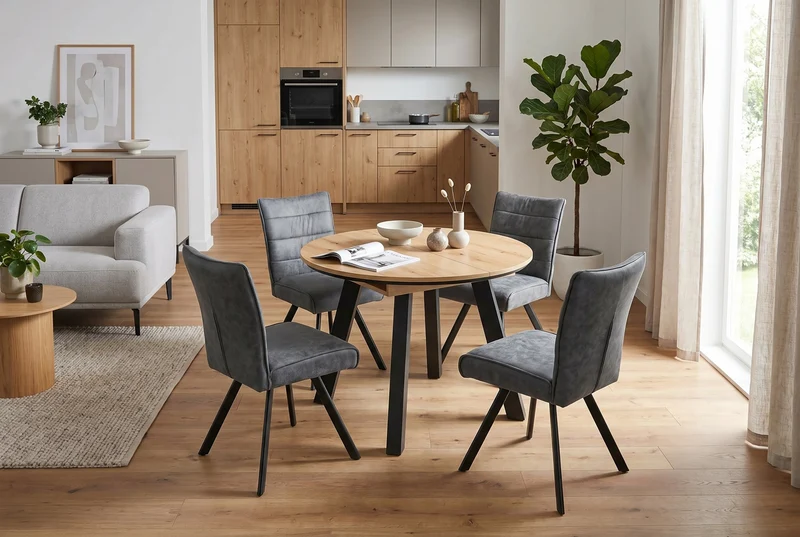 byLIVING Esstisch TIMOR, runder Küchentisch für 4-6 Personen, ausziehbar 100–140 cm, platzsparender Essplatz, Evoke Eiche-Optik oder weiß mit schwarzem 4-Fußgestell
