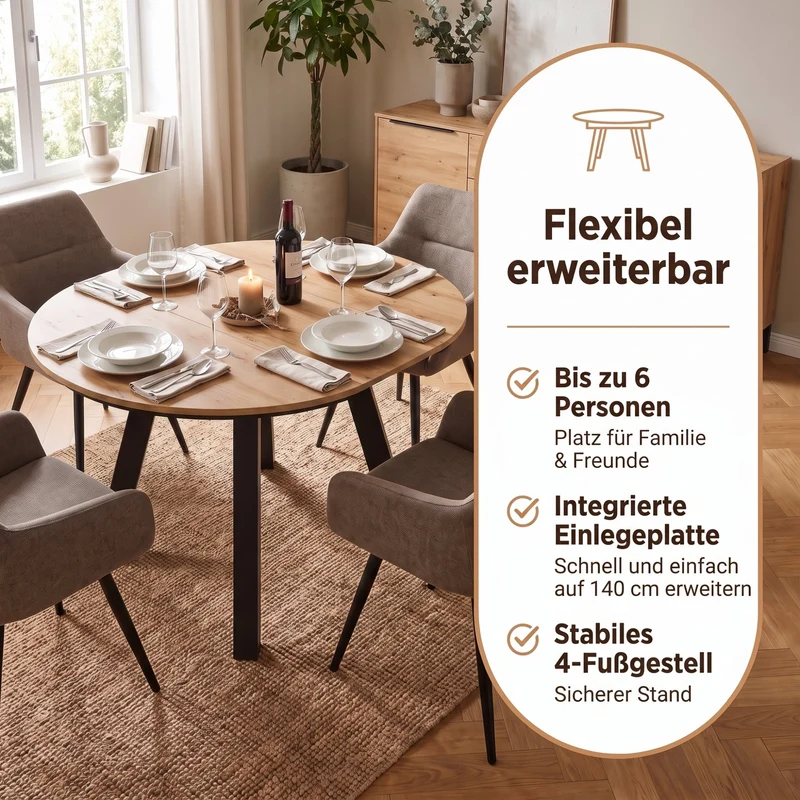 byLIVING Esstisch TIMOR, runder Küchentisch für 4-6 Personen, ausziehbar 100–140 cm, platzsparender Essplatz, Evoke Eiche-Optik oder weiß mit schwarzem 4-Fußgestell