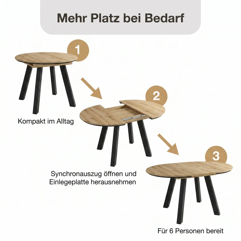 byLIVING Esstisch TIMOR, runder Küchentisch für 4-6 Personen, ausziehbar 100–140 cm, platzsparender Essplatz, Evoke Eiche-Optik oder weiß mit schwarzem 4-Fußgestell