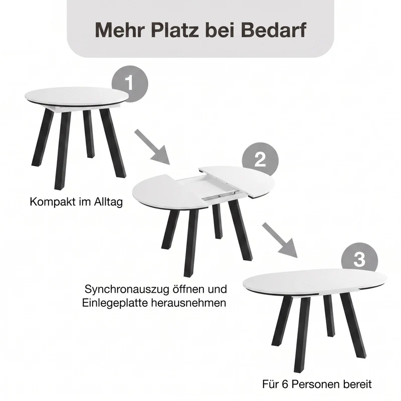 byLIVING Esstisch TIMOR, runder Küchentisch für 4-6 Personen, ausziehbar 100–140 cm, platzsparender Essplatz, Evoke Eiche-Optik oder weiß mit schwarzem 4-Fußgestell