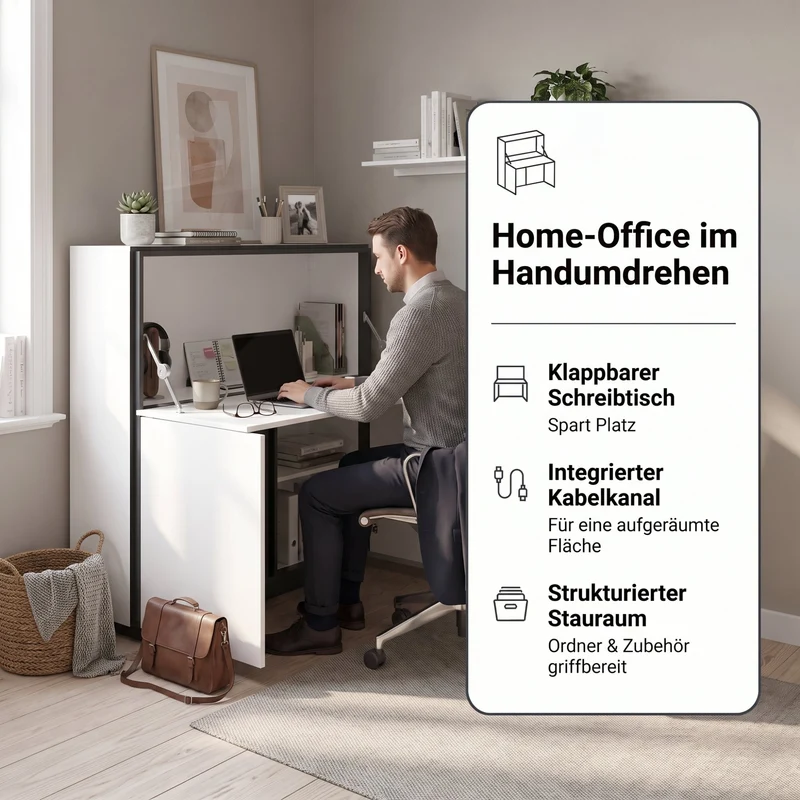 byLIVING Sekretär IDAHO, platzsparender Schreibtisch-Schrank fürs Home-Office, B 120 x T 40 cm, H 127 cm, Hochglanz Weiß & Anthrazit, mit Kabelkanal & Stauraum