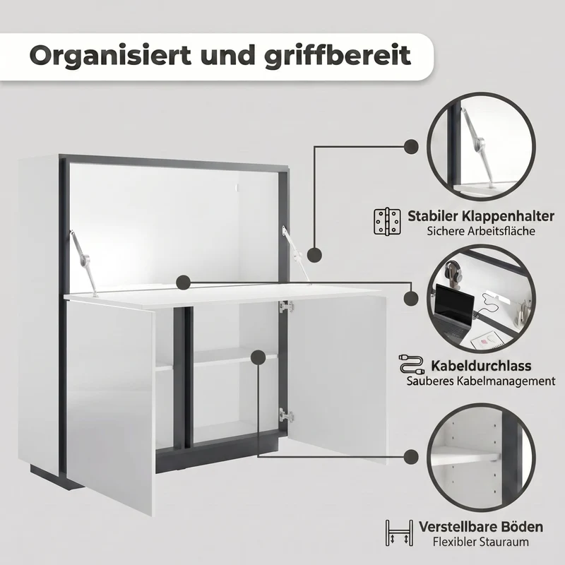 byLIVING Sekretär IDAHO, platzsparender Schreibtisch-Schrank fürs Home-Office, B 120 x T 40 cm, H 127 cm, Hochglanz Weiß & Anthrazit, mit Kabelkanal & Stauraum