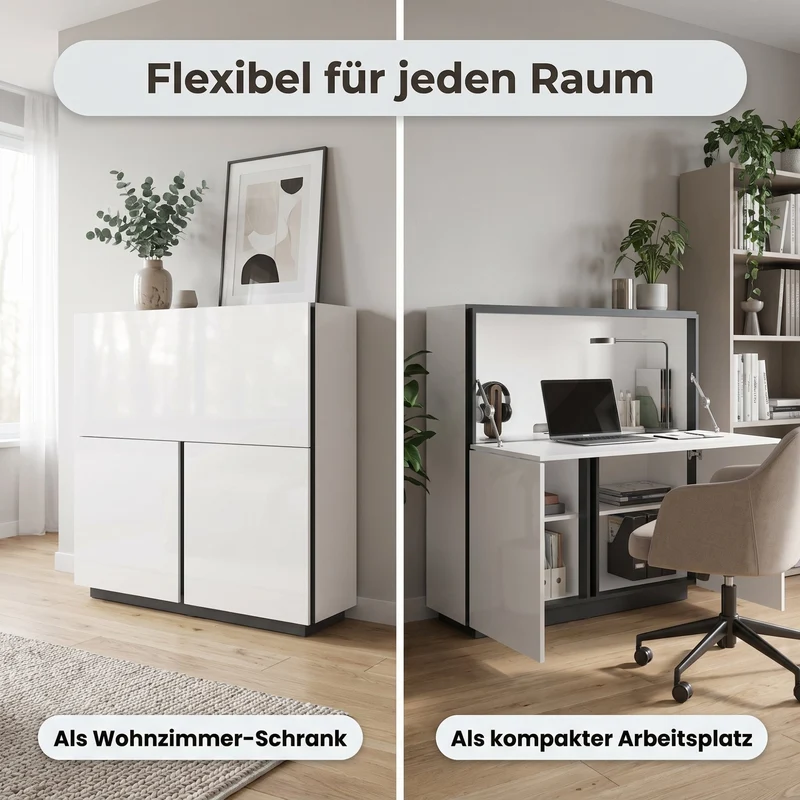 byLIVING Sekretär IDAHO, platzsparender Schreibtisch-Schrank fürs Home-Office, B 120 x T 40 cm, H 127 cm, Hochglanz Weiß & Anthrazit, mit Kabelkanal & Stauraum