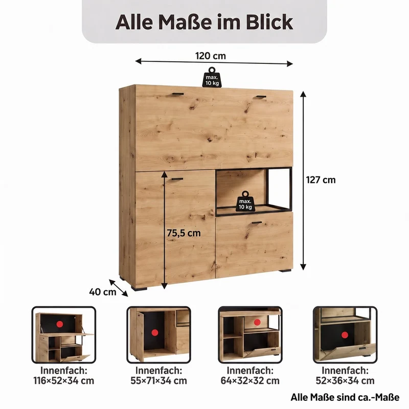 byLIVING Sekretär FRAME, klappbarer Schreibtisch mit Kabelkanal, ca. 120 x 40 cm, H 127 cm, Artisan Eiche-Optik, schwarzes Metall, für Homeoffice & Wohnzimmer