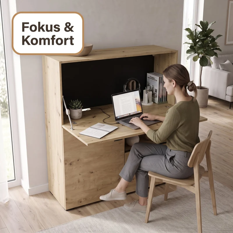 byLIVING Sekretär FRAME, klappbarer Schreibtisch mit Kabelkanal, ca. 120 x 40 cm, H 127 cm, Artisan Eiche-Optik, schwarzes Metall, für Homeoffice & Wohnzimmer