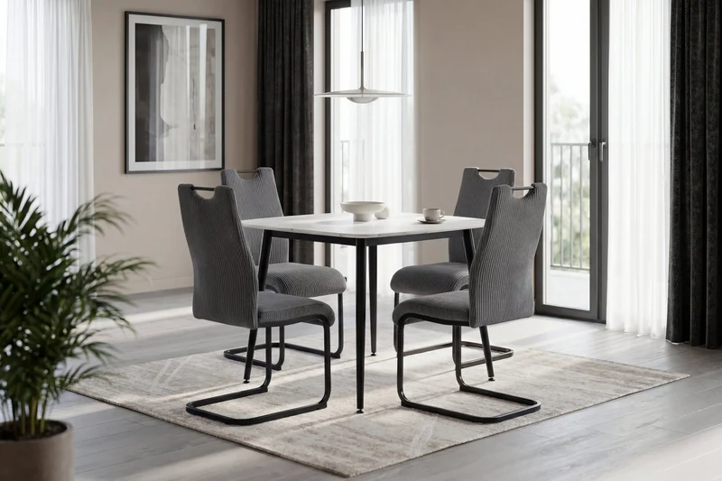 Tisch VERONA, Metall schwarz pulverbe. Keramikoptik weiß, platzsparend & modern, Esstisch, Küchentisch, Maße: B 90, H 75, T 90 cm