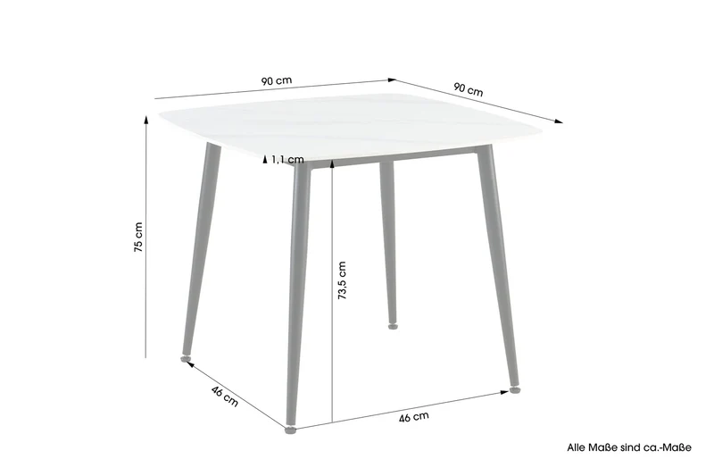 Tisch VERONA, Metall schwarz pulverbe. Keramikoptik weiß, platzsparend & modern, Esstisch, Küchentisch, Maße: B 90, H 75, T 90 cm