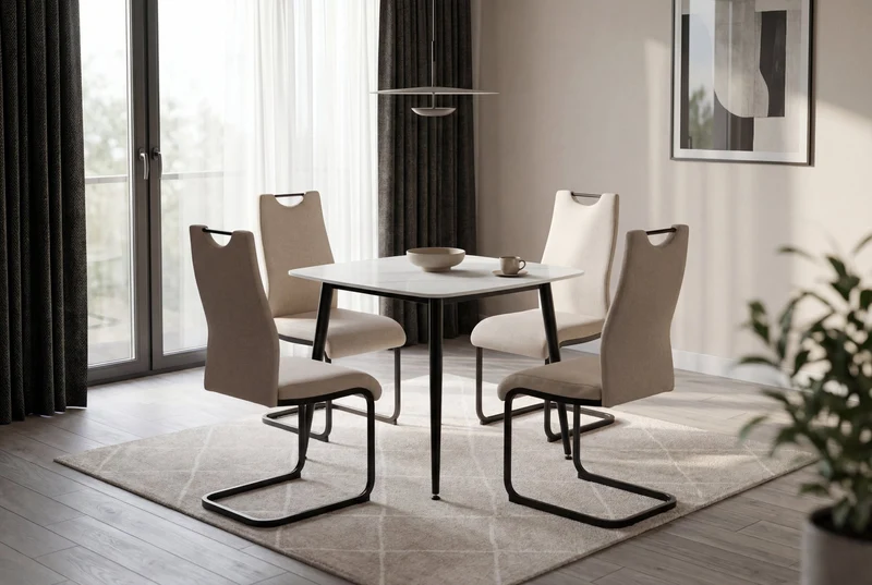 Tisch VERONA, Metall schwarz pulverbe. Keramikoptik weiß, platzsparend & modern, Esstisch, Küchentisch, Maße: B 90, H 75, T 90 cm