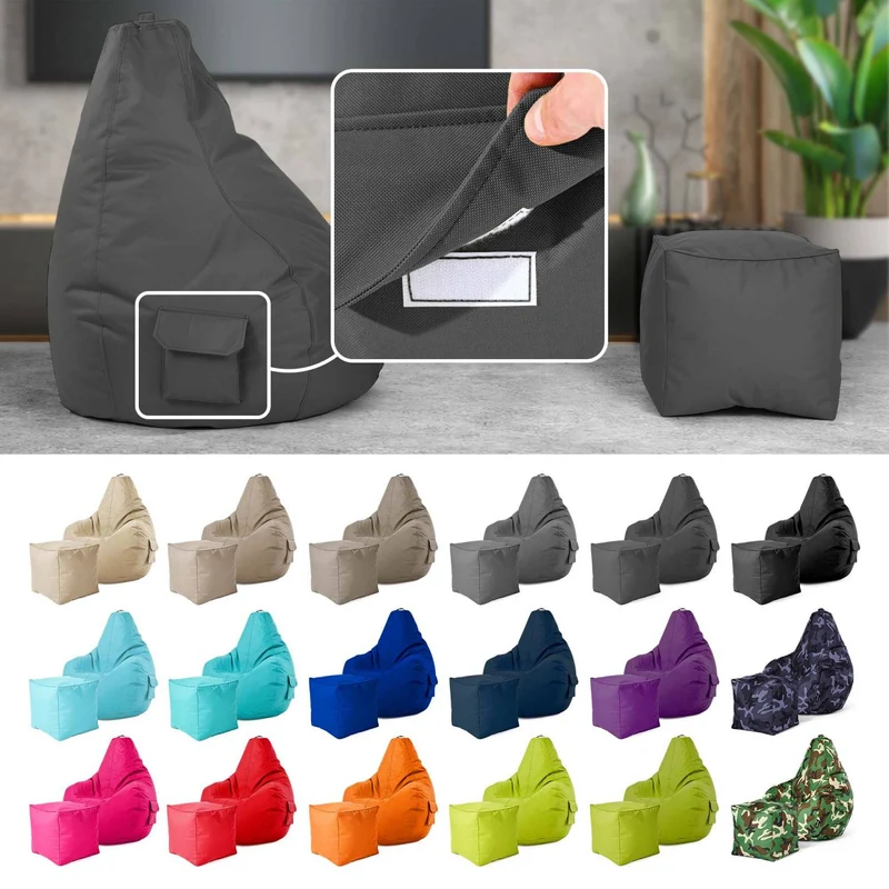 Gaming Sitzsack mit Rückenlehne, Seitentasche & Cube Sitzhocker
