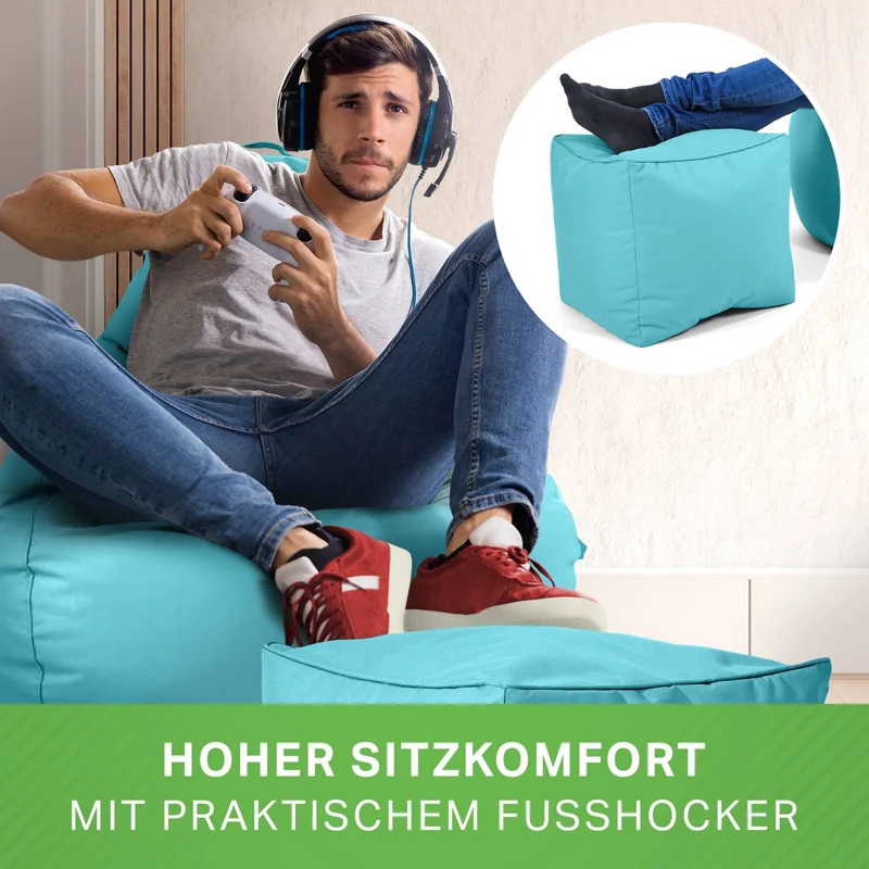 Gaming Sitzsack mit Rückenlehne, Seitentasche & Cube Sitzhocker