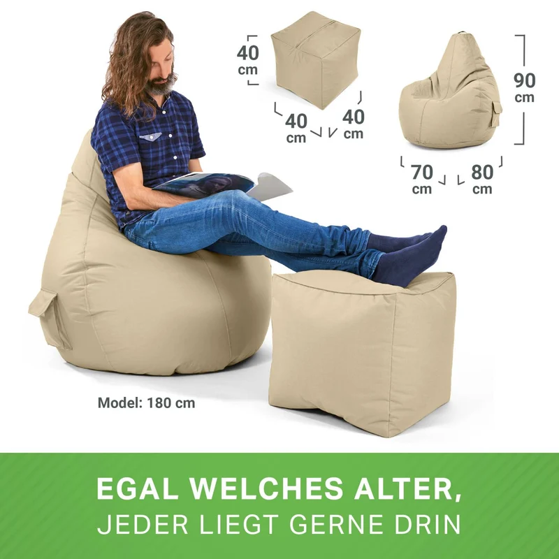 Gaming Sitzsack mit Rückenlehne, Seitentasche & Cube Sitzhocker
