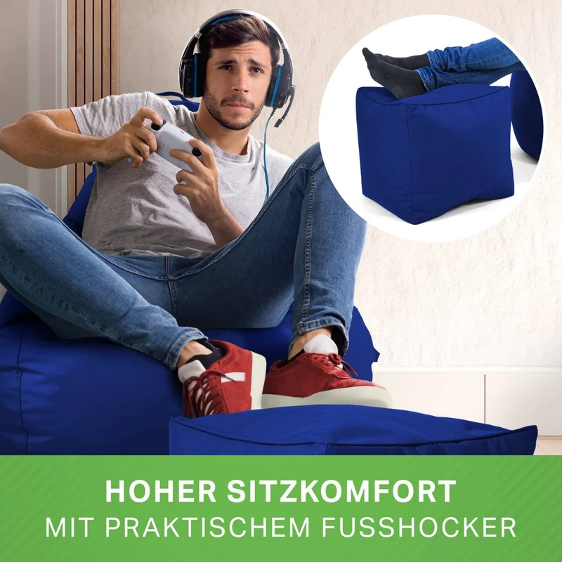 Gaming Sitzsack mit Rückenlehne, Seitentasche & Cube Sitzhocker