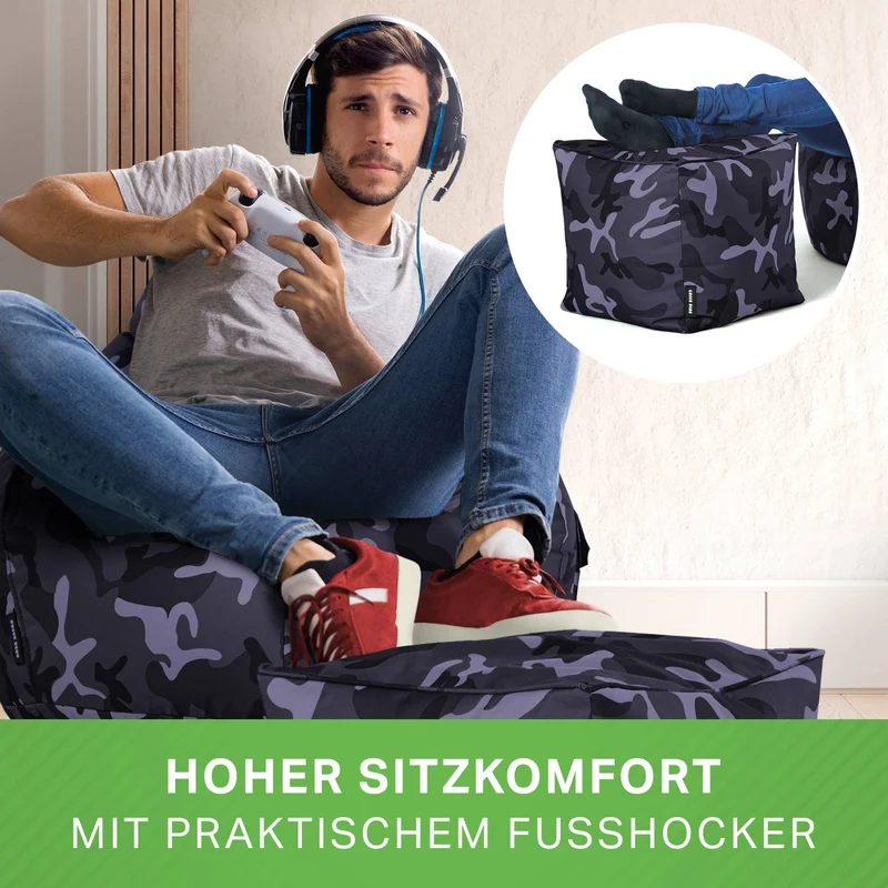 Gaming Sitzsack mit Rückenlehne, Seitentasche & Cube Sitzhocker