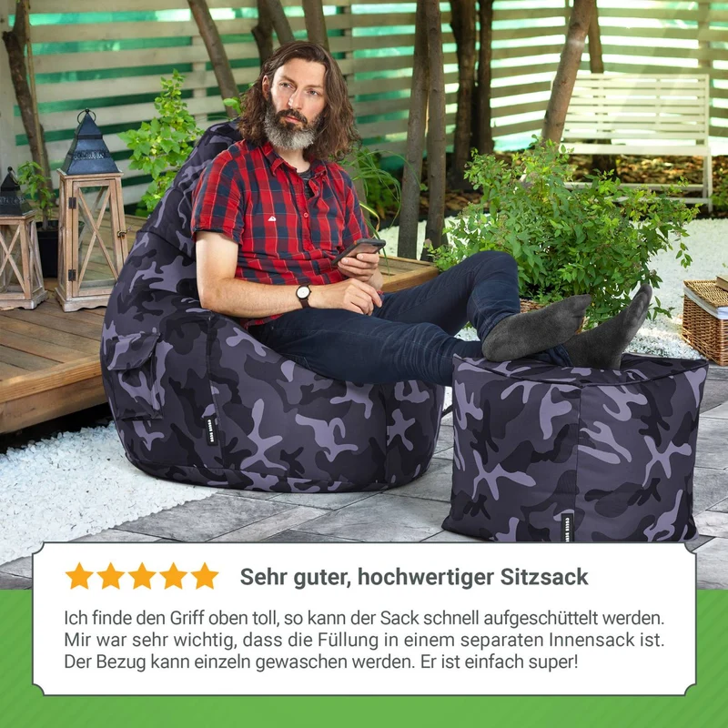 Gaming Sitzsack mit Rückenlehne, Seitentasche & Cube Sitzhocker