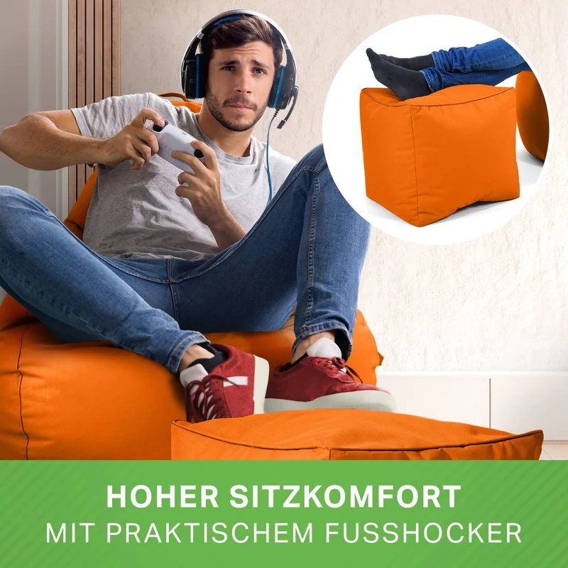 Gaming Sitzsack mit Rückenlehne, Seitentasche & Cube Sitzhocker