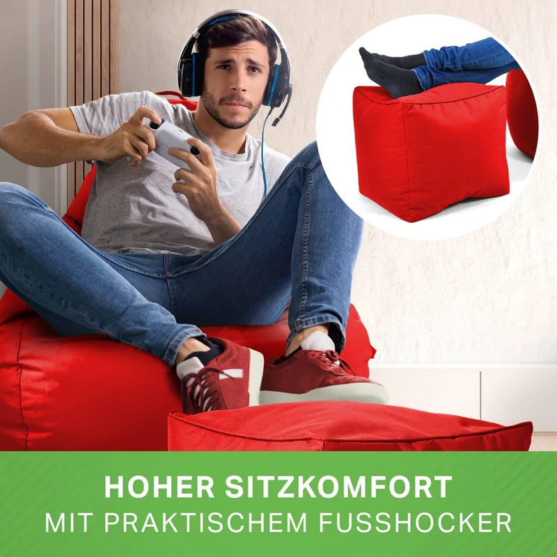 Gaming Sitzsack mit Rückenlehne, Seitentasche & Cube Sitzhocker