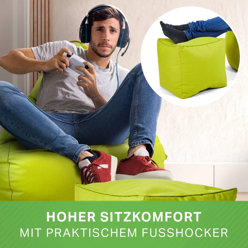 Gaming Sitzsack mit Rückenlehne, Seitentasche & Cube Sitzhocker