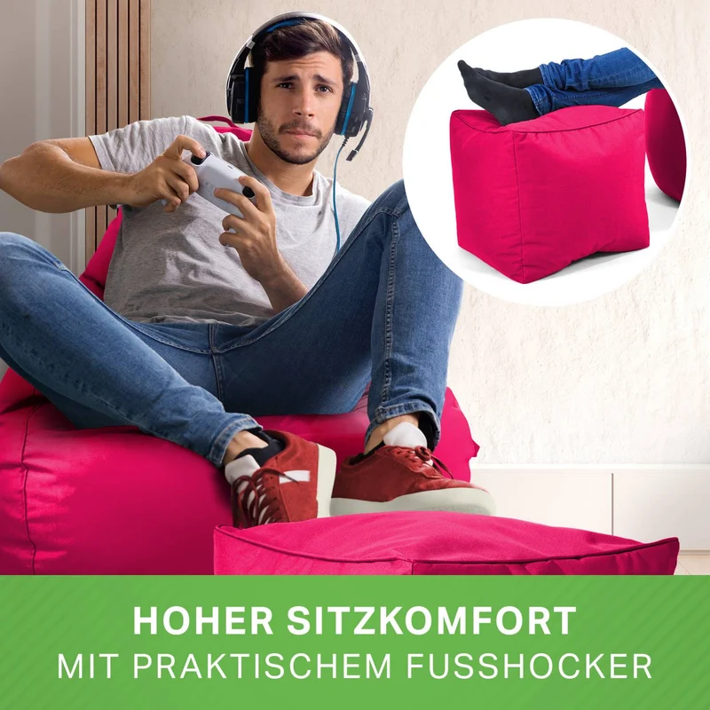 Gaming Sitzsack mit Rückenlehne, Seitentasche & Cube Sitzhocker