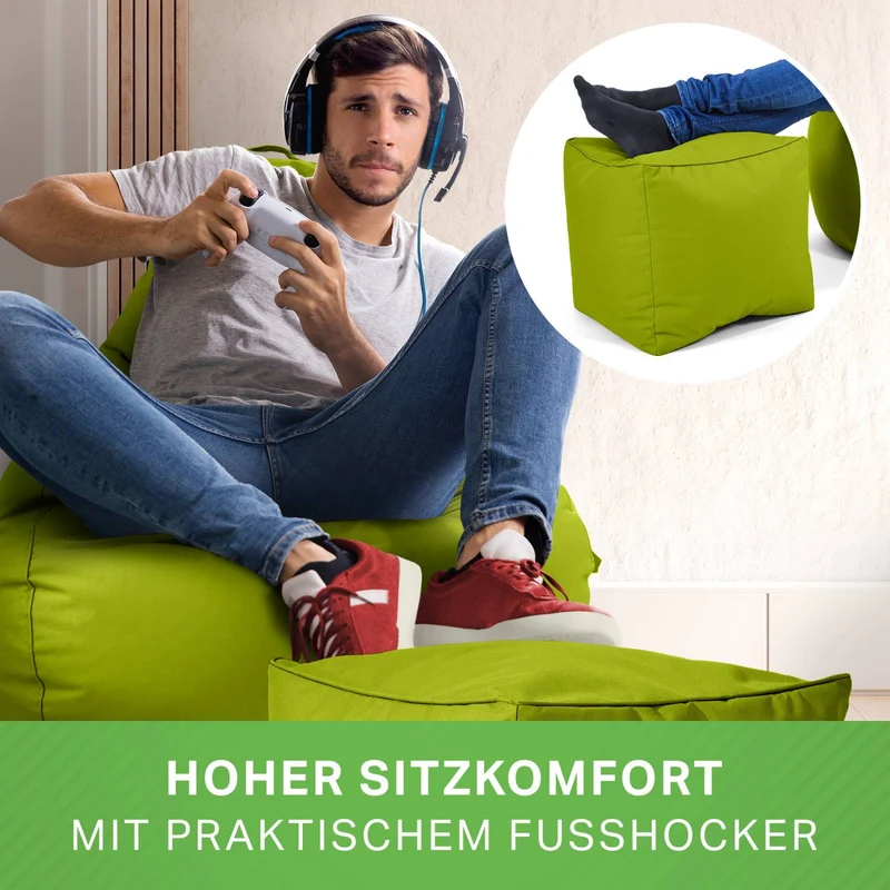 Gaming Sitzsack mit Rückenlehne, Seitentasche & Cube Sitzhocker