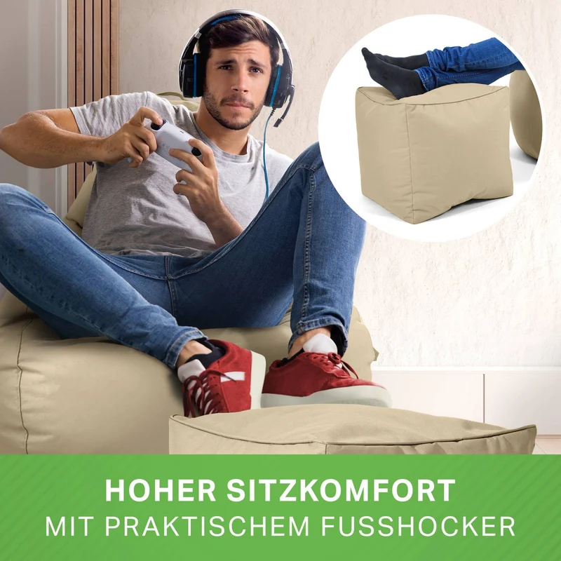 Gaming Sitzsack mit Rückenlehne, Seitentasche & Cube Sitzhocker
