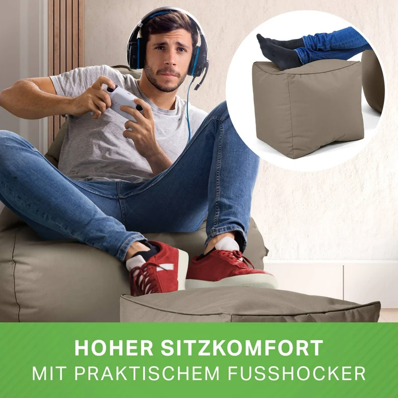 Gaming Sitzsack mit Rückenlehne, Seitentasche & Cube Sitzhocker