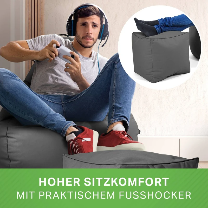 Gaming Sitzsack mit Rückenlehne, Seitentasche & Cube Sitzhocker