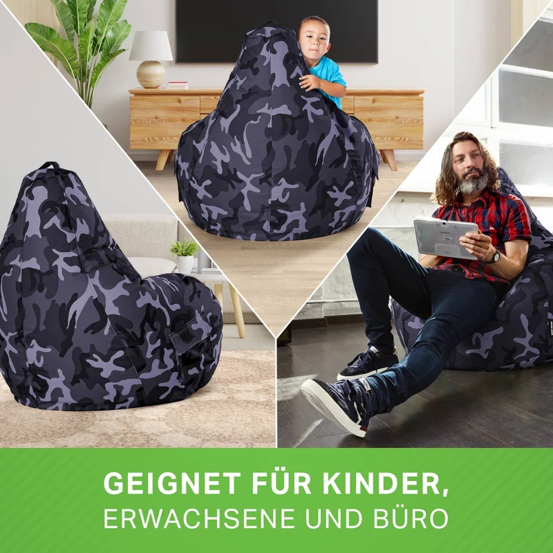 Gaming Sitzsack mit Rückenlehne, Seitentasche & Cube Sitzhocker