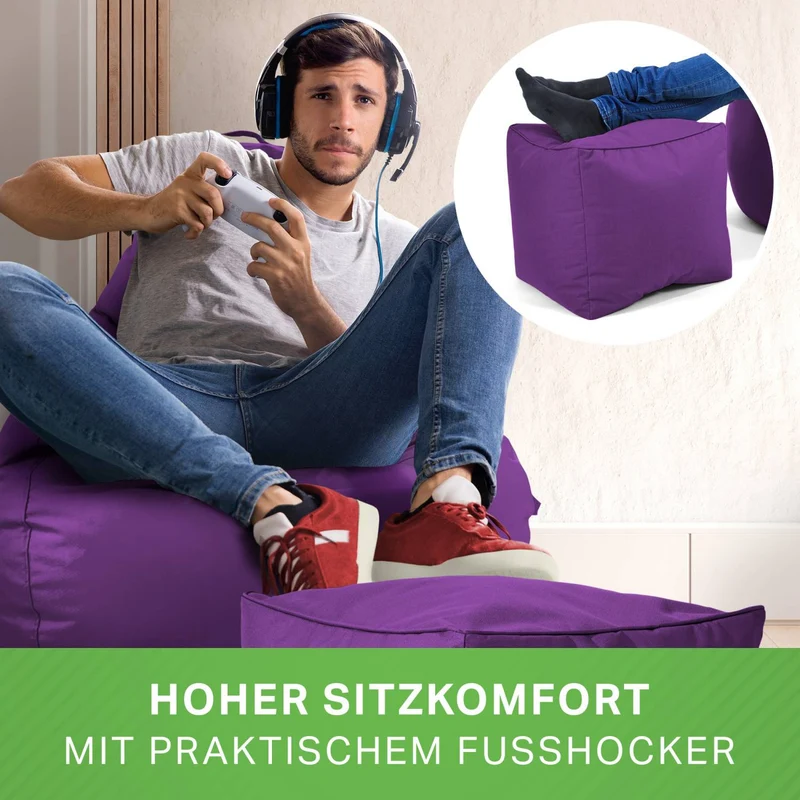 Gaming Sitzsack mit Rückenlehne, Seitentasche & Cube Sitzhocker