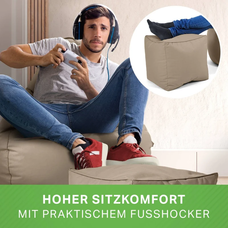Gaming Sitzsack mit Rückenlehne, Seitentasche & Cube Sitzhocker