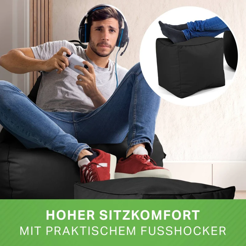 Gaming Sitzsack mit Rückenlehne, Seitentasche & Cube Sitzhocker