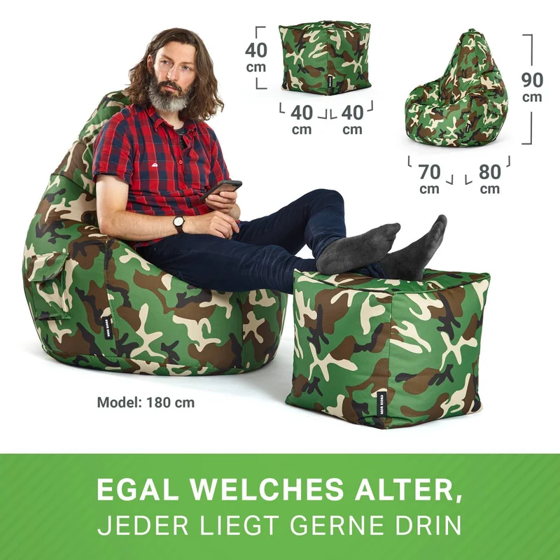 Gaming Sitzsack mit Rückenlehne, Seitentasche & Cube Sitzhocker