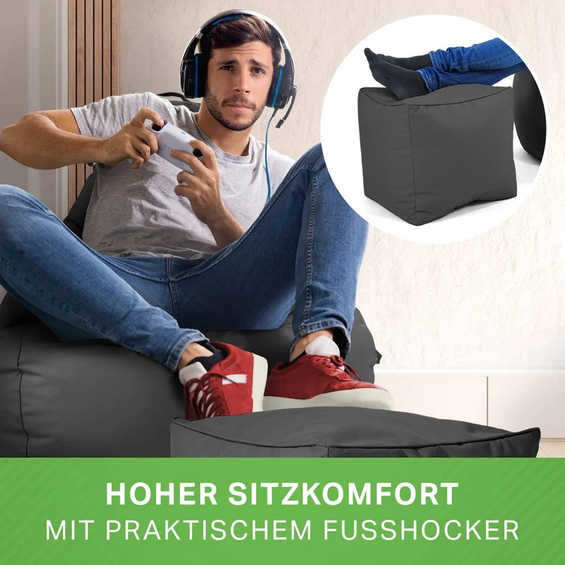 Gaming Sitzsack mit Rückenlehne, Seitentasche & Cube Sitzhocker