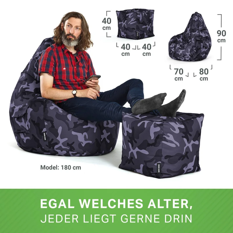 Gaming Sitzsack mit Rückenlehne, Seitentasche & Cube Sitzhocker