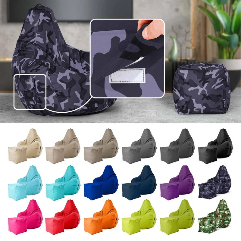 Gaming Sitzsack mit Rückenlehne, Seitentasche & Cube Sitzhocker