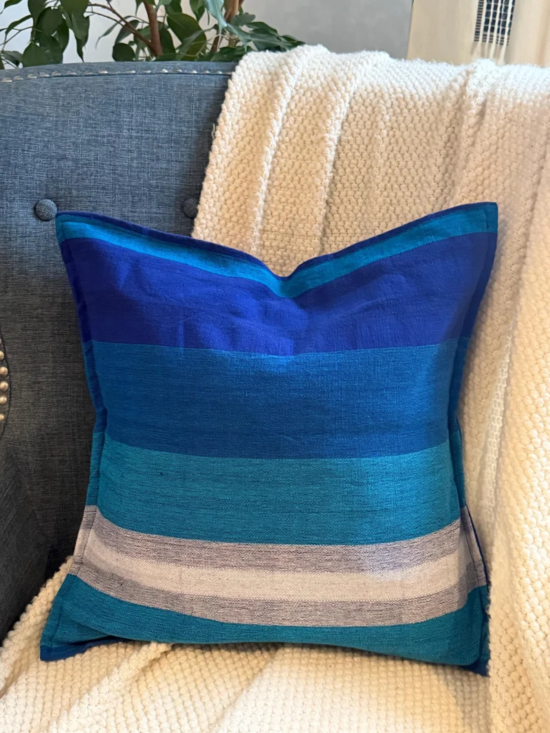 Blue Striped Throw Pillow Case, Blue Shades Designer Accent Pillows, Modern Coastal Decor (20x20 inches)