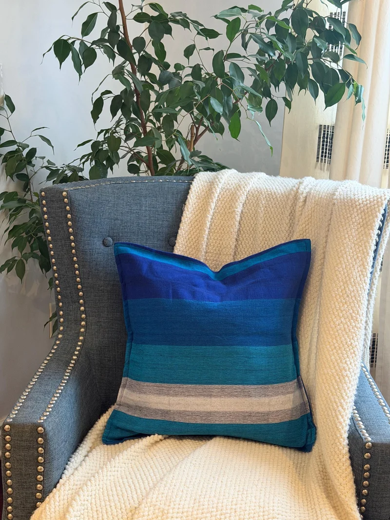 Blue Striped Throw Pillow Case, Blue Shades Designer Accent Pillows, Modern Coastal Decor (20x20 inches)