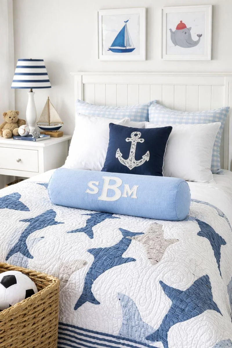 Crib Appliqued Monogram Pillow Cover, Bolster Blue Throw Pillow, Decorative Neckroll Pillow