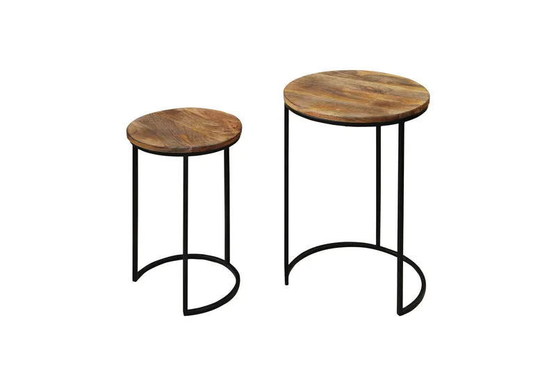 Zweisatztisch JARON / Mangoholz natur, Metall schwarz / Untereinander verstaubar / D 40, H 60 + D 30, H 50 cm
