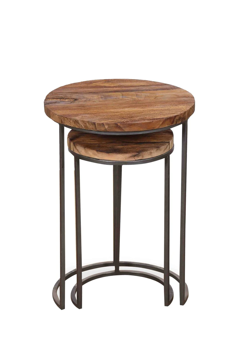 Zweisatztisch JARON / Mangoholz natur, Metall schwarz / Untereinander verstaubar / D 40, H 60 + D 30, H 50 cm