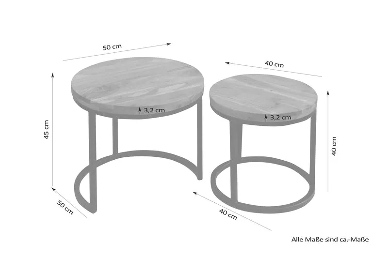 Couchtisch SELMA / Akazie natur, Metall schwarz / B 50, H 45, T 50 cm , B 40, H 40, T 40 cm