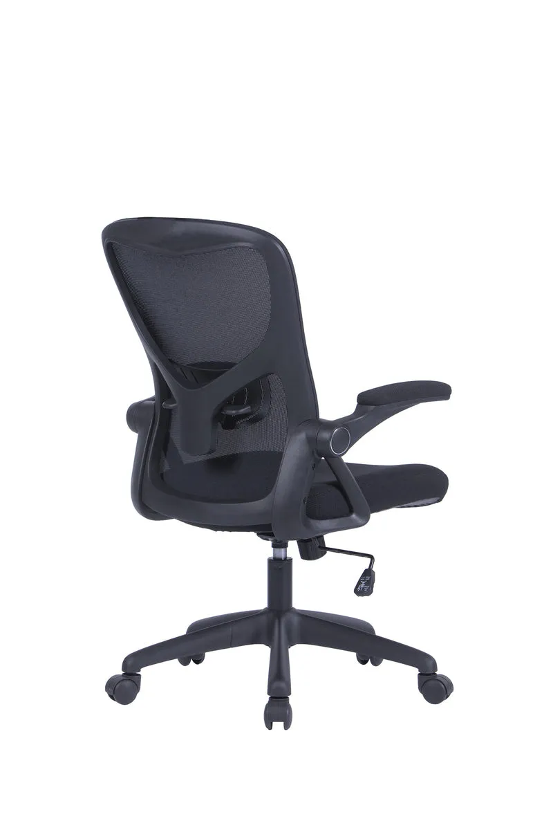 Bürostuhl FLEX / optional mit Kopfstütze / Kunststoff schwarz, Netzstoff schwarz / Wippmechanik / Armlehne klappbar / Lordoseneinstellung / B 62, H 95-103, T 58,5 cm oder B 62, H 111-119, T 66 cm